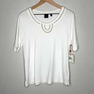 Rafaella Womens Knit Top Large Petite White Rope Gold Scoop Neck Nautical Basics